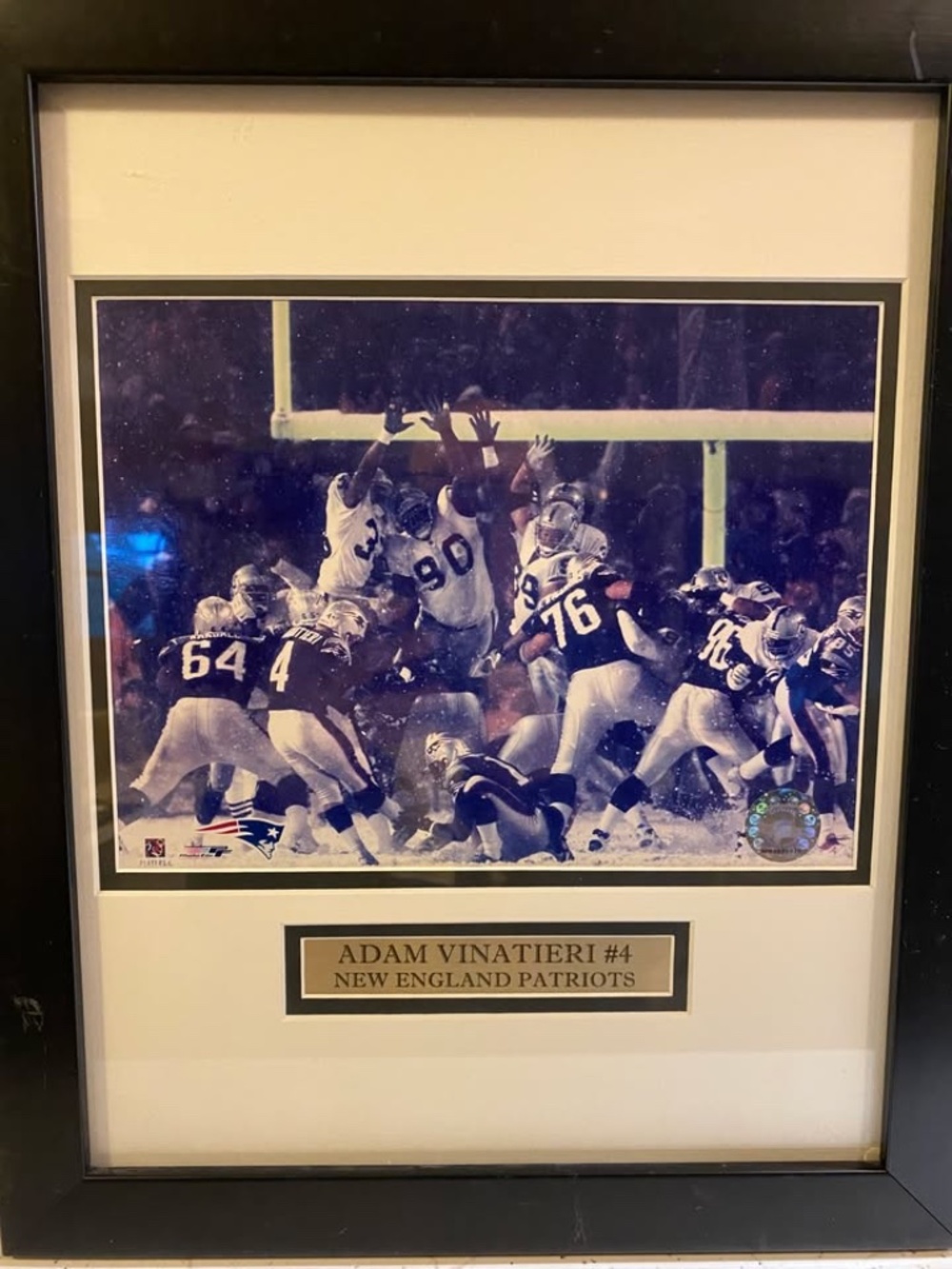 Official NFL Licensed Framed Photograph of Adam Vinatieri's Famous "Snow Kick".
